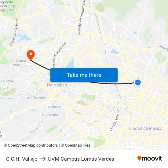 C.C.H. Vallejo to UVM Campus Lomas Verdes map