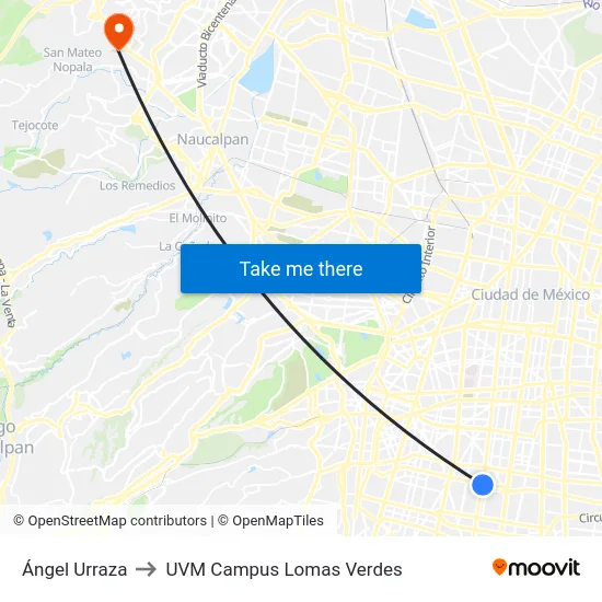 Ángel Urraza to UVM Campus Lomas Verdes map