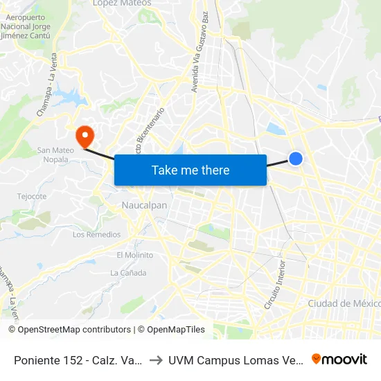 Poniente 152 - Calz. Vallejo to UVM Campus Lomas Verdes map