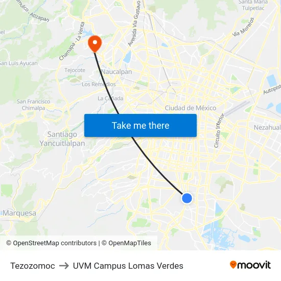 Tezozomoc to UVM Campus Lomas Verdes map