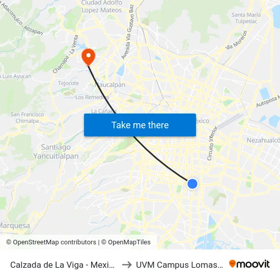 Calzada de La Viga - Mexicaltzingo to UVM Campus Lomas Verdes map