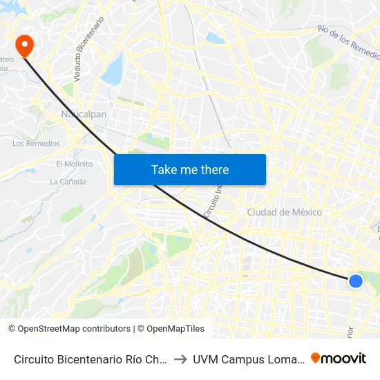Circuito Bicentenario Río Churubusco_1 to UVM Campus Lomas Verdes map