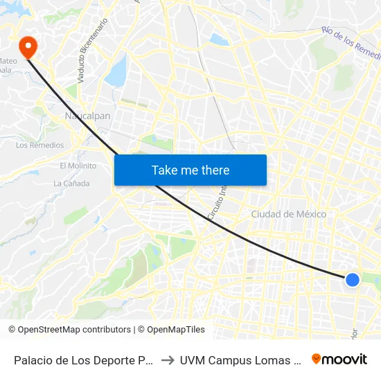 Palacio de Los Deporte Puerta 6 to UVM Campus Lomas Verdes map