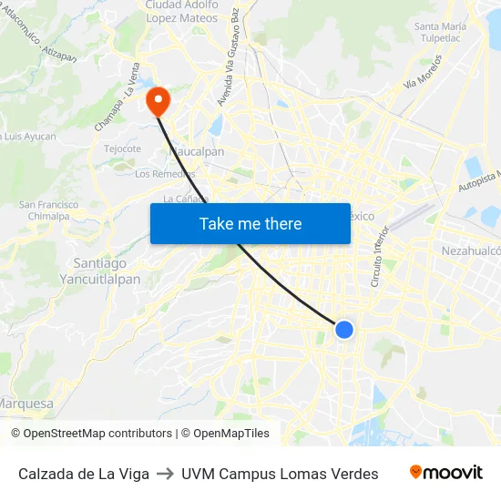 Calzada de La Viga to UVM Campus Lomas Verdes map