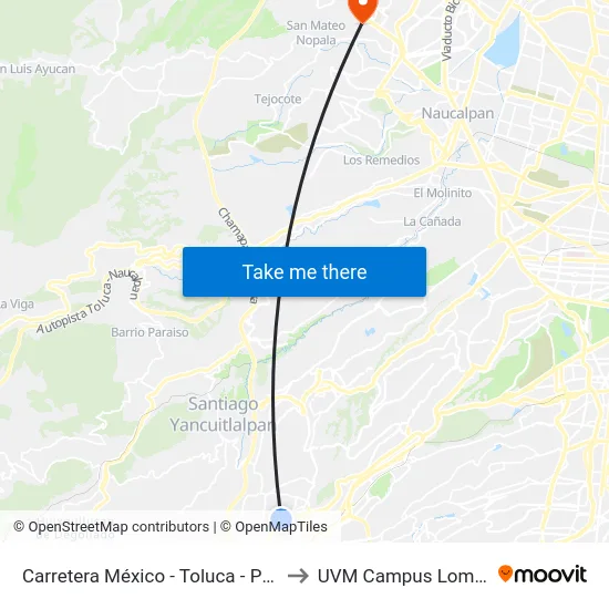 Carretera México - Toluca - Puente El Yaqui to UVM Campus Lomas Verdes map