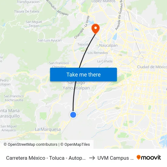 Carretera México - Toluca - Autopista Constituyentes - La Venta to UVM Campus Lomas Verdes map