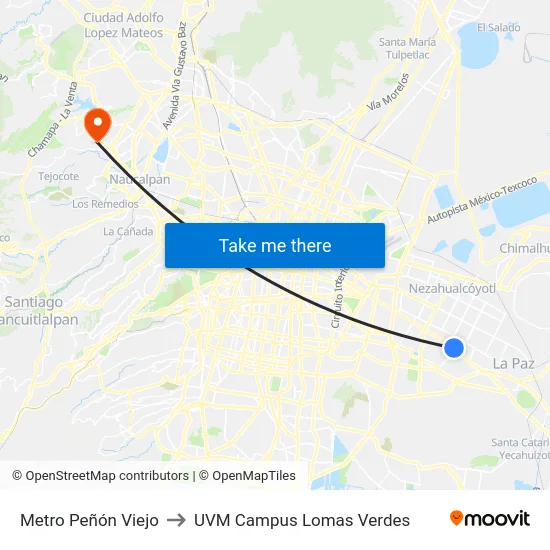 Metro Peñón Viejo to UVM Campus Lomas Verdes map