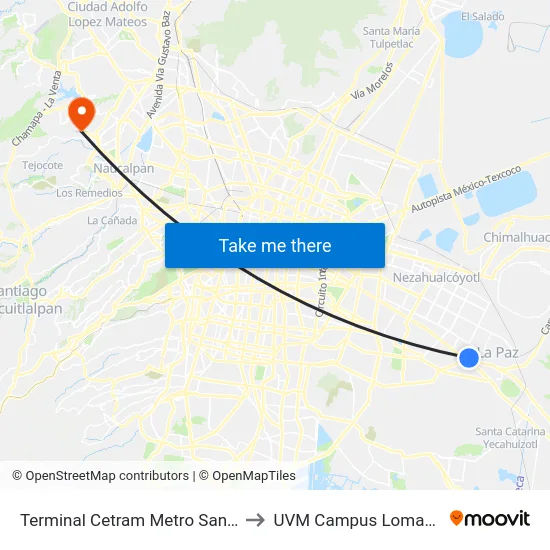 Terminal Cetram Metro Santa Martha to UVM Campus Lomas Verdes map