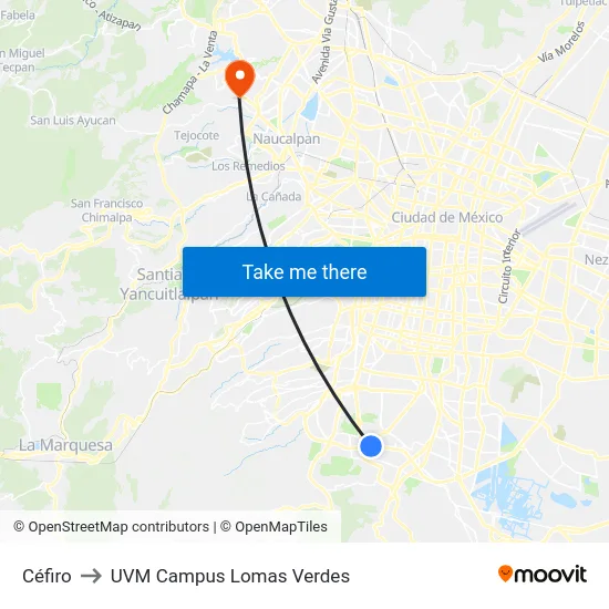 Céfiro to UVM Campus Lomas Verdes map