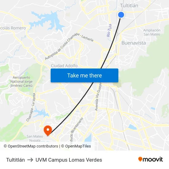 Tultitlán to UVM Campus Lomas Verdes map