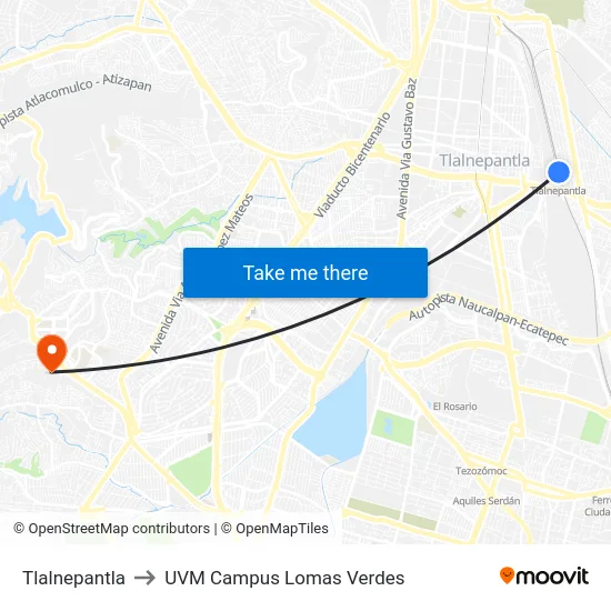Tlalnepantla to UVM Campus Lomas Verdes map