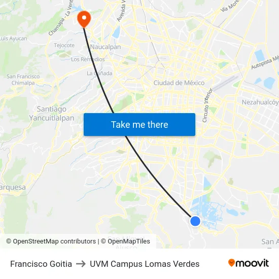 Francisco Goitia to UVM Campus Lomas Verdes map