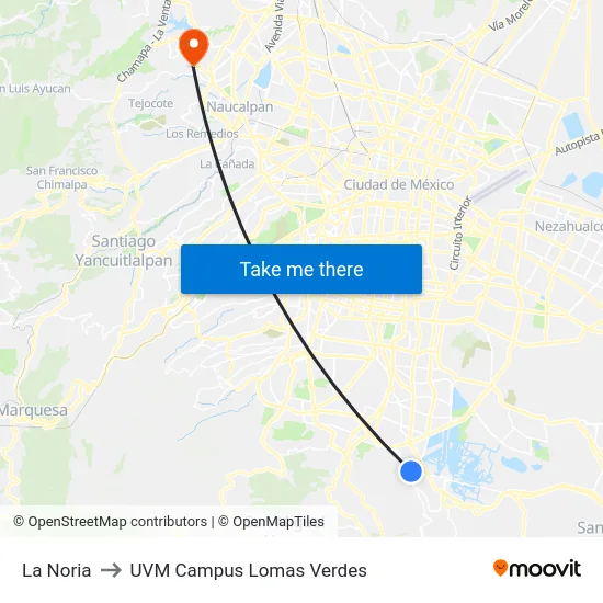 La Noria to UVM Campus Lomas Verdes map