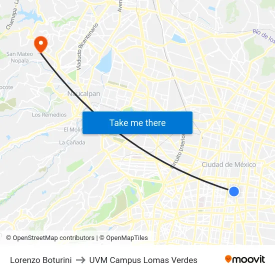 Lorenzo Boturini to UVM Campus Lomas Verdes map
