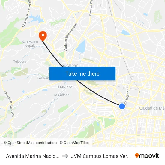 Avenida Marina Nacional to UVM Campus Lomas Verdes map