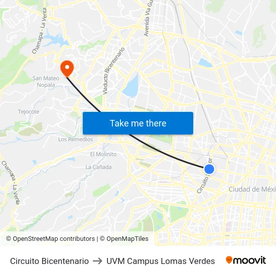 Circuito Bicentenario to UVM Campus Lomas Verdes map