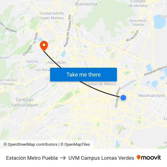Estación Metro Puebla to UVM Campus Lomas Verdes map