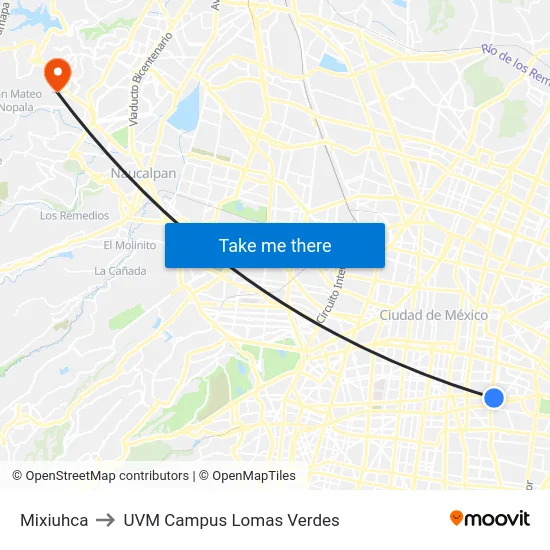 Mixiuhca to UVM Campus Lomas Verdes map