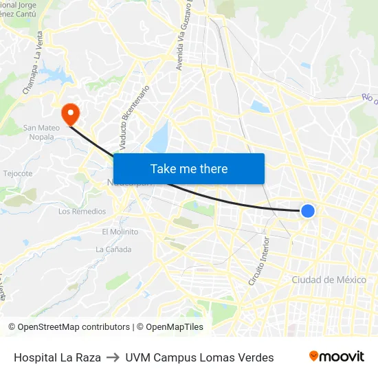 Hospital La Raza to UVM Campus Lomas Verdes map