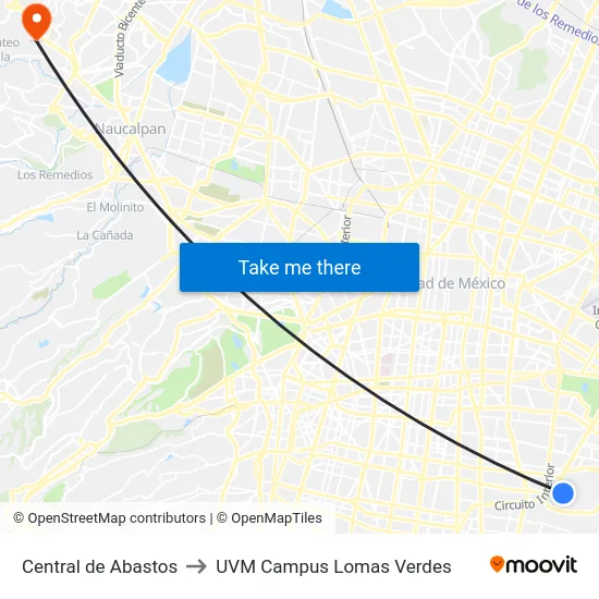 Central de Abastos to UVM Campus Lomas Verdes map