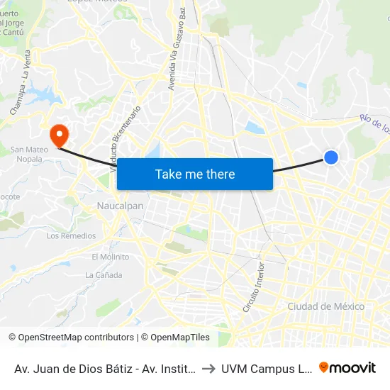 Av. Juan de Dios Bátiz - Av. Instituto Politecnico Nacional to UVM Campus Lomas Verdes map