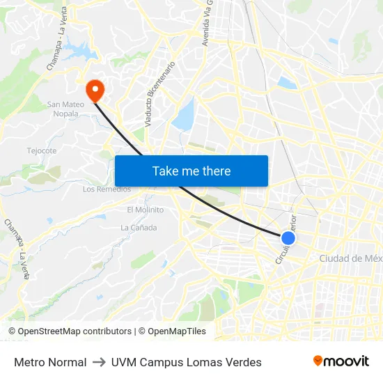 Metro Normal to UVM Campus Lomas Verdes map
