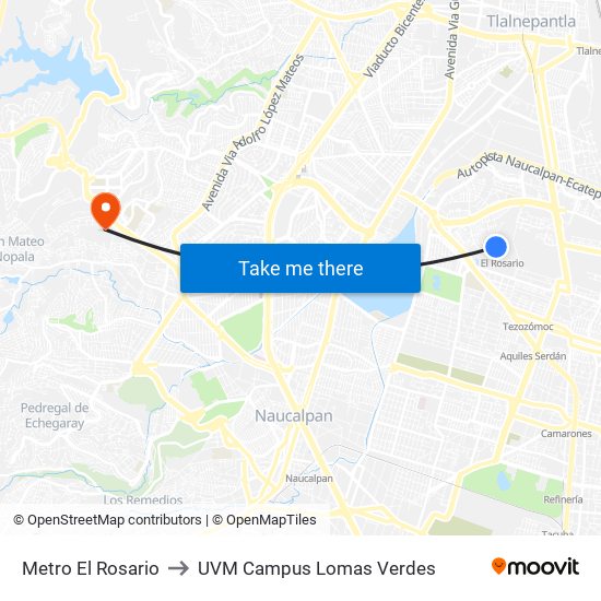 Metro El Rosario to UVM Campus Lomas Verdes map