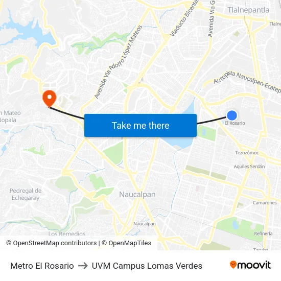 Metro El Rosario to UVM Campus Lomas Verdes map