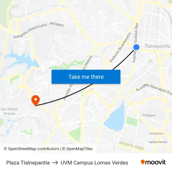Plaza Tlalnepantla to UVM Campus Lomas Verdes map
