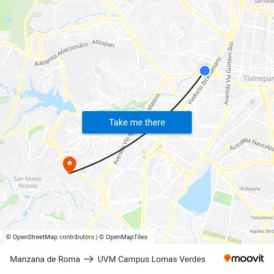 Manzana de Roma to UVM Campus Lomas Verdes map