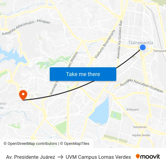 Av. Presidente Juárez to UVM Campus Lomas Verdes map