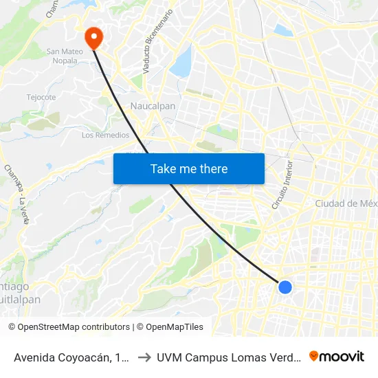 Avenida Coyoacán, 151 to UVM Campus Lomas Verdes map