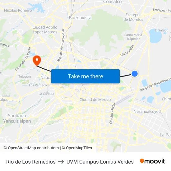 Río de Los Remedios to UVM Campus Lomas Verdes map