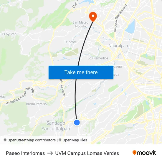 Paseo Interlomas to UVM Campus Lomas Verdes map