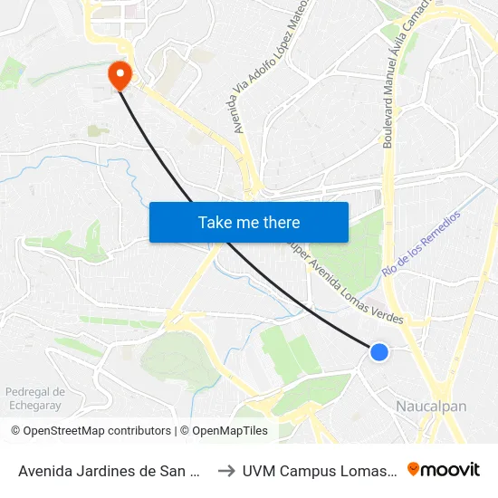 Avenida Jardines de San Mateo, 26 to UVM Campus Lomas Verdes map
