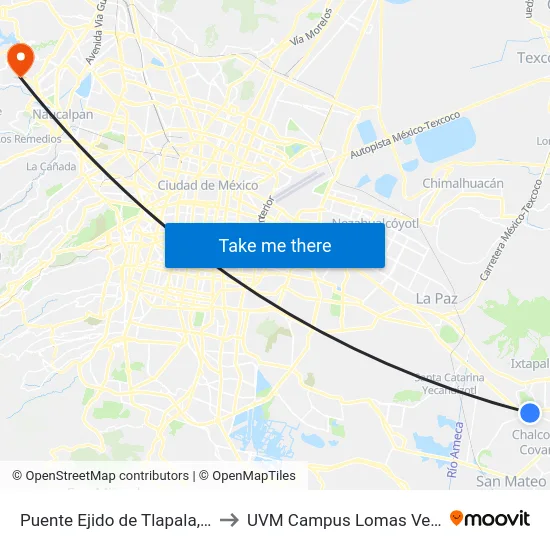 Puente Ejido de Tlapala, 164 to UVM Campus Lomas Verdes map