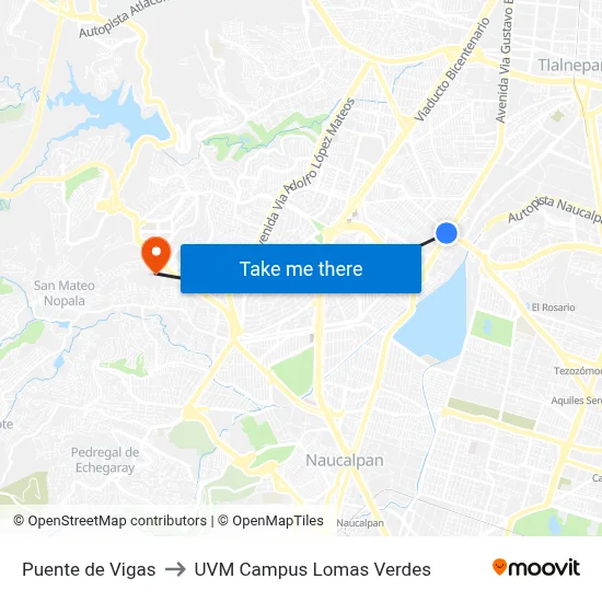 Puente de Vigas to UVM Campus Lomas Verdes map