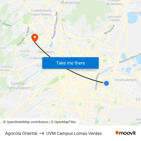 Agrícola Oriental to UVM Campus Lomas Verdes map