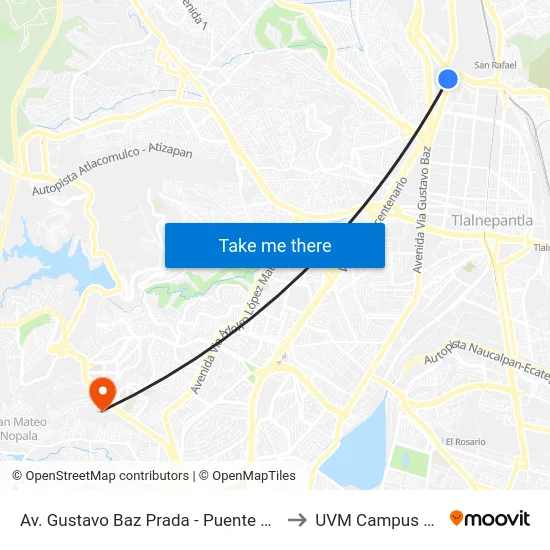 Av. Gustavo Baz Prada - Puente Peatonal Tequexquinahuac to UVM Campus Lomas Verdes map