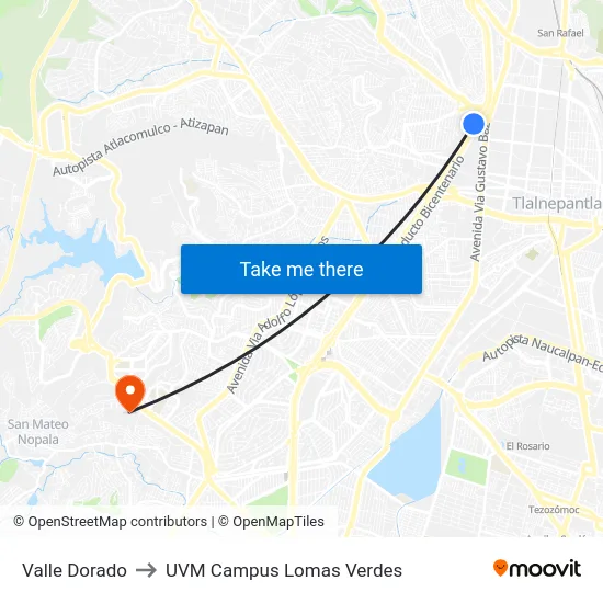 Valle Dorado to UVM Campus Lomas Verdes map