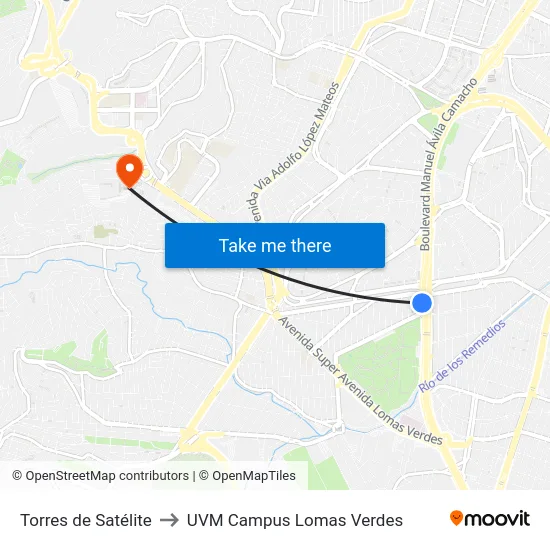 Torres de Satélite to UVM Campus Lomas Verdes map