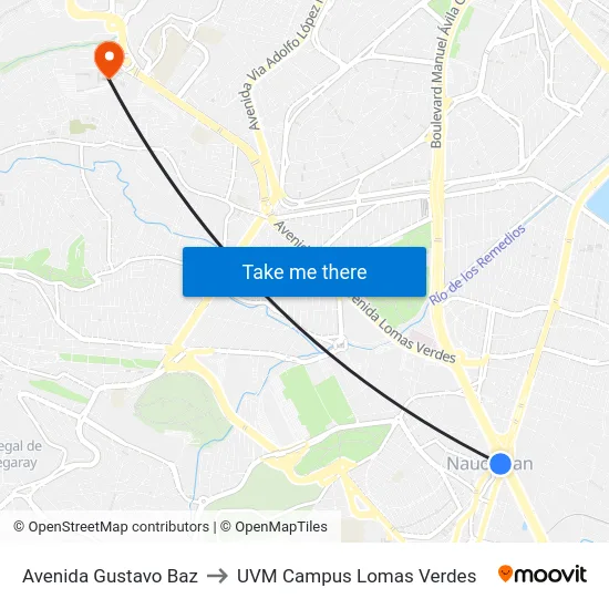 Avenida Gustavo Baz to UVM Campus Lomas Verdes map