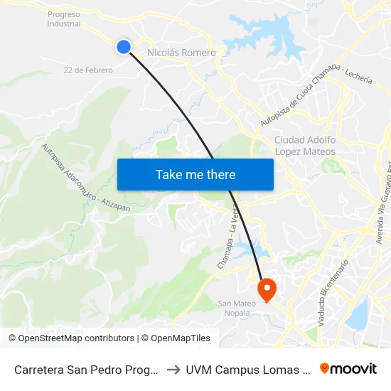 Carretera San Pedro Progreso 40 to UVM Campus Lomas Verdes map