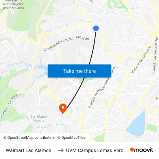 Walmart Las Alamedas to UVM Campus Lomas Verdes map