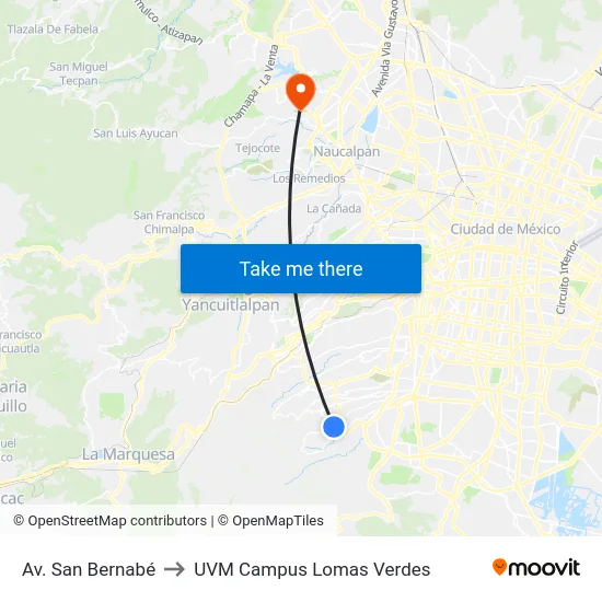 Av. San Bernabé to UVM Campus Lomas Verdes map