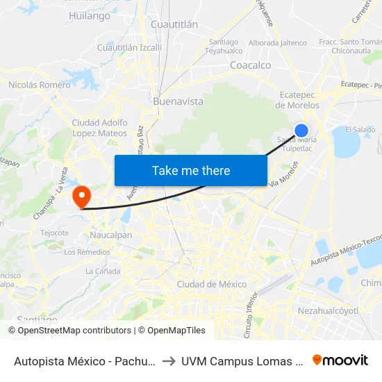 Autopista México - Pachuca, 85d to UVM Campus Lomas Verdes map