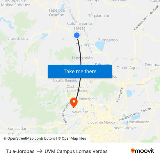 Tula-Jorobas to UVM Campus Lomas Verdes map