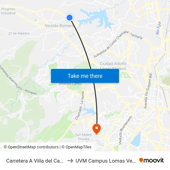 Carretera A Villa del Carbon to UVM Campus Lomas Verdes map