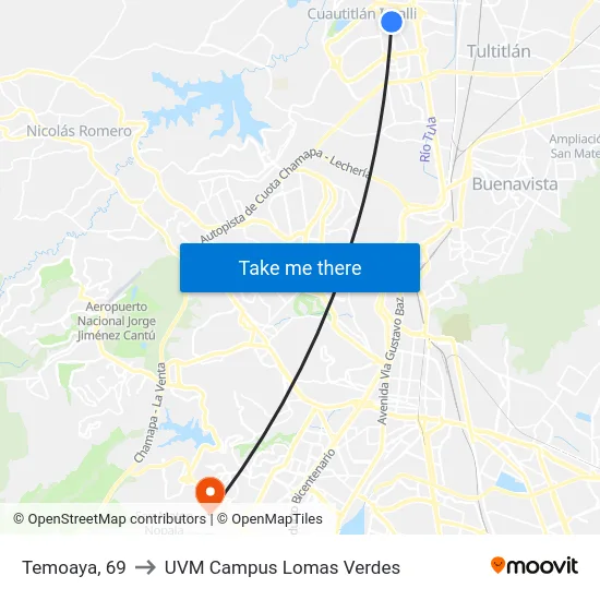 Temoaya, 69 to UVM Campus Lomas Verdes map