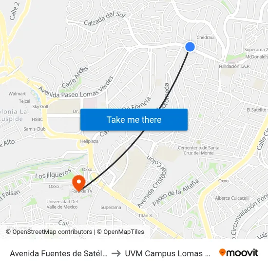 Avenida Fuentes de Satélite, 71 to UVM Campus Lomas Verdes map
